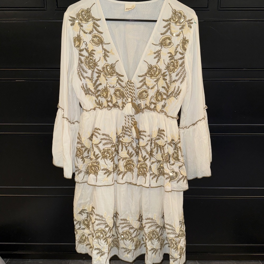 Siya Women's Floral Embroidered Tiered Dress Bohemian Viscose Lined Ivory Gold - Picture 2 of 8